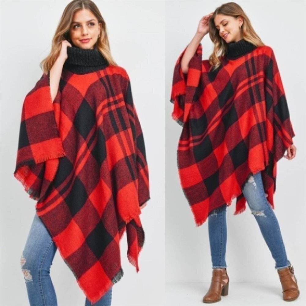 CHIC Plaid Print Knit Turtleneck Poncho Top